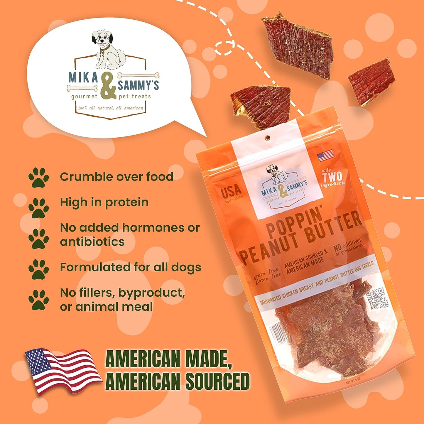Mika & Sammy'S Gourmet Chicken Jerky Dog Treats Made in USA - Poppin' Peanut Butter - 5Oz Bag