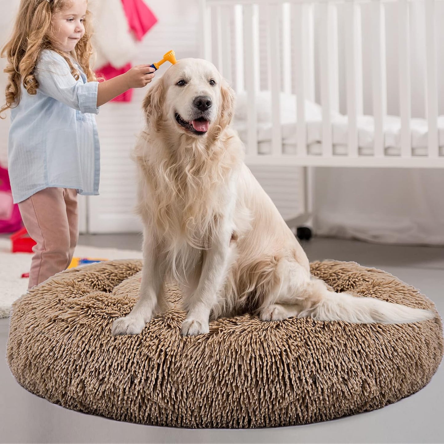 Dog Bed Donut Cuddler Pet Bed, Flurry Warming round Dog Bed Cat Cushion Bed Ultra Soft Mat for Dogs and Cats, Indoor Sleeping Bed (Khaki-31X31 Inch)