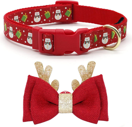 Christmas Dog Collar Adjustable Xmas Dog Collars with Christmas Antler Bow Tie Accessories Snowman Dog Collar for Medium Dogs