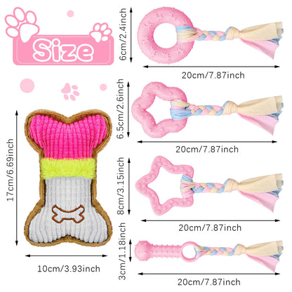 5 Pack Puppy Chew Toys for Teething Small Dogs, Pink Rubber Puppy Teething Toys Plush Squeaky Dog Toys for Cleaning Teeth Interactive Pet Doggy Bone Toys