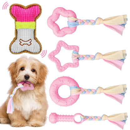 5 Pack Puppy Chew Toys for Teething Small Dogs, Pink Rubber Puppy Teething Toys Plush Squeaky Dog Toys for Cleaning Teeth Interactive Pet Doggy Bone Toys