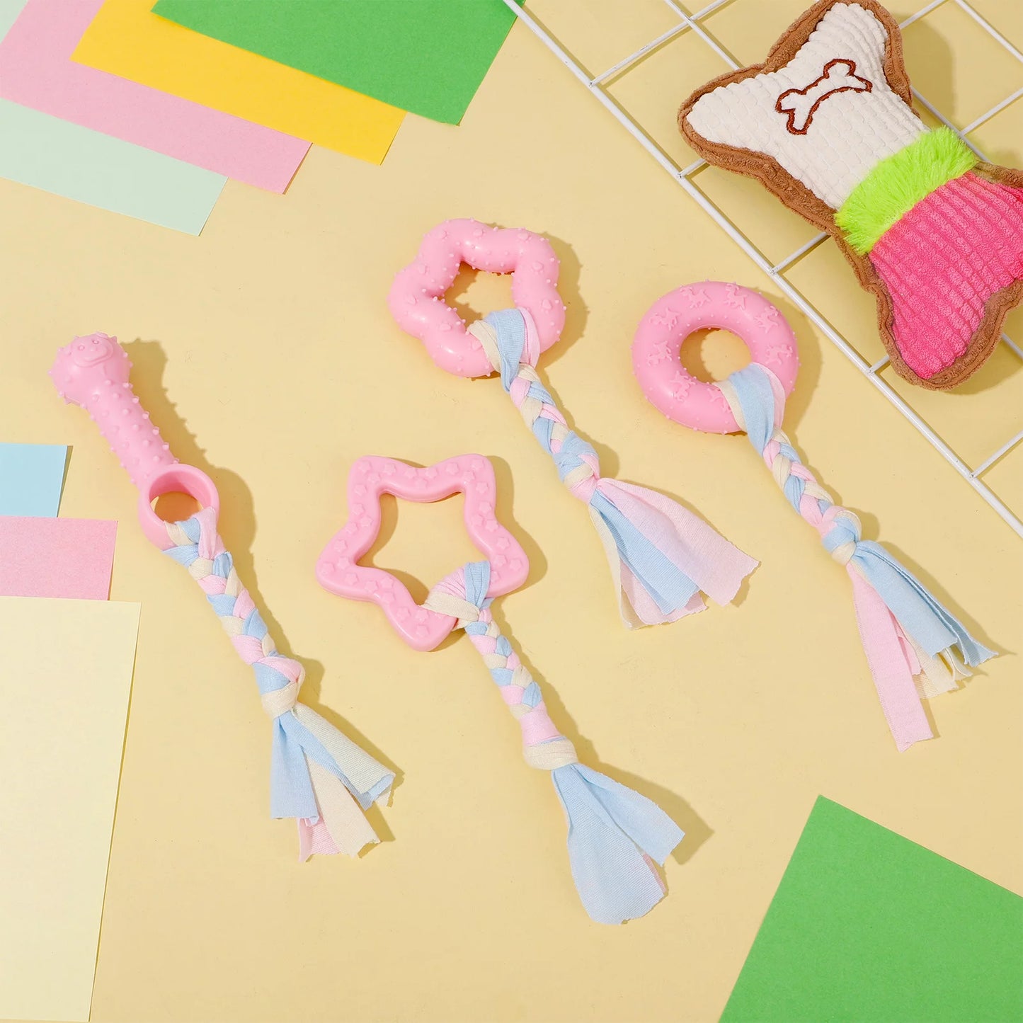 5 Pack Puppy Chew Toys for Teething Small Dogs, Pink Rubber Puppy Teething Toys Plush Squeaky Dog Toys for Cleaning Teeth Interactive Pet Doggy Bone Toys