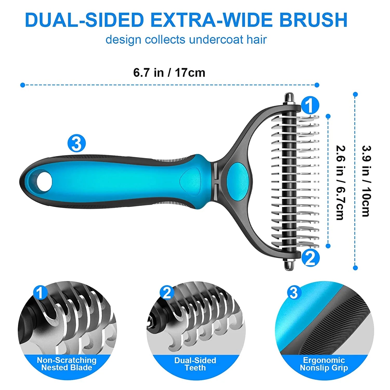 Pet Grooming Brush Dematting Comb Rake for Dogs Dematting Tool for Cats, Double Sided Undercoat Rake for Mats Tangles Removing