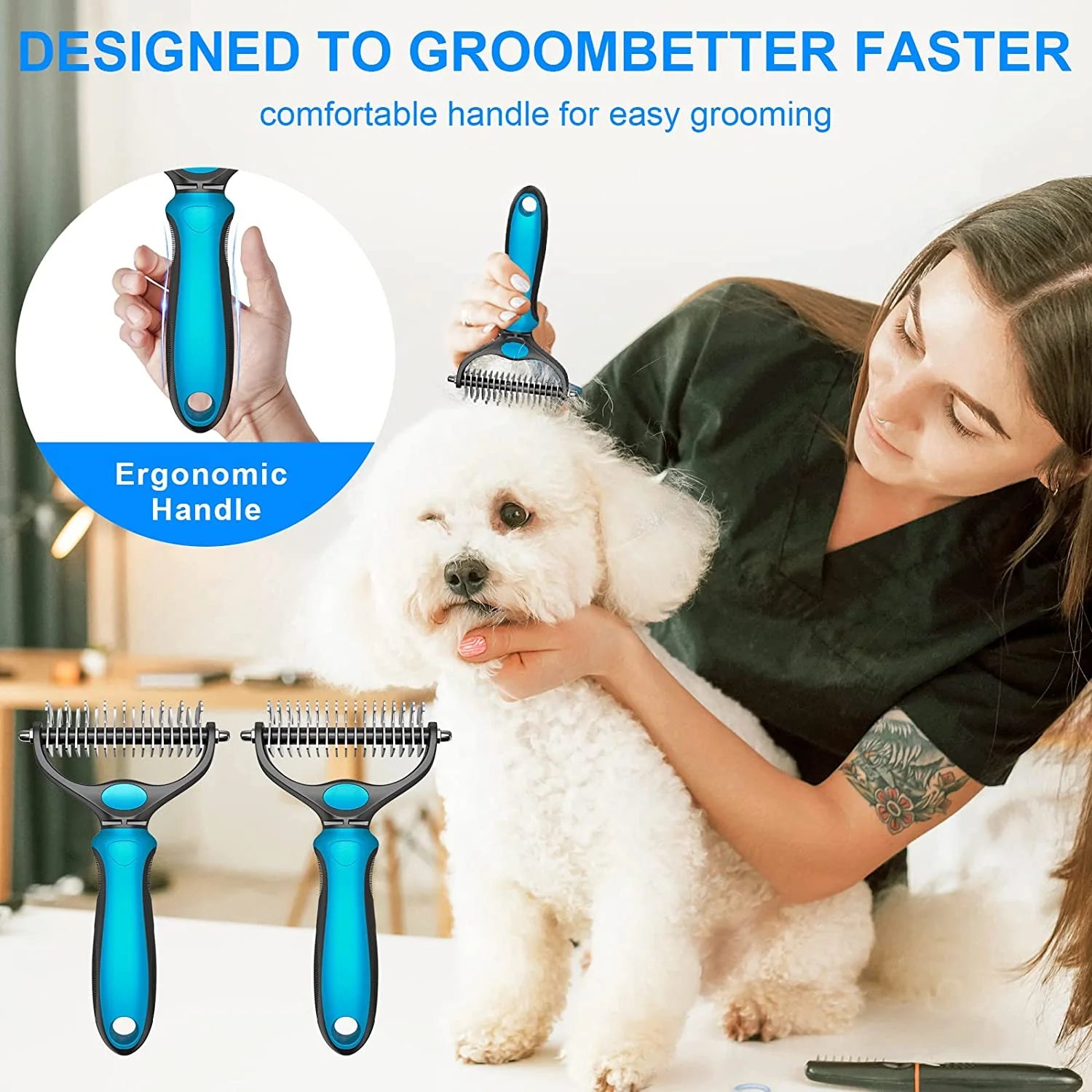 Pet Grooming Brush Dematting Comb Rake for Dogs Dematting Tool for Cats, Double Sided Undercoat Rake for Mats Tangles Removing