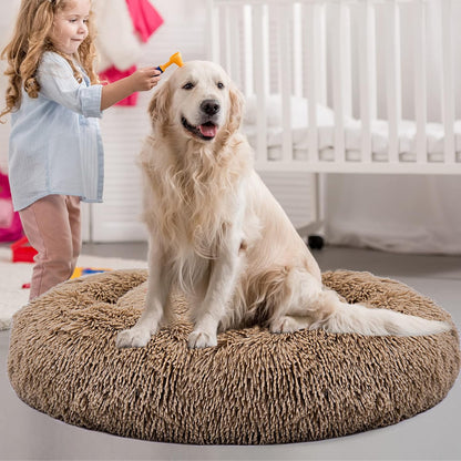 Dog Bed Donut Cuddler Pet Bed, Flurry Warming round Dog Bed Cat Cushion Bed Ultra Soft Mat for Dogs and Cats, Indoor Sleeping Bed (Khaki-31X31 Inch)