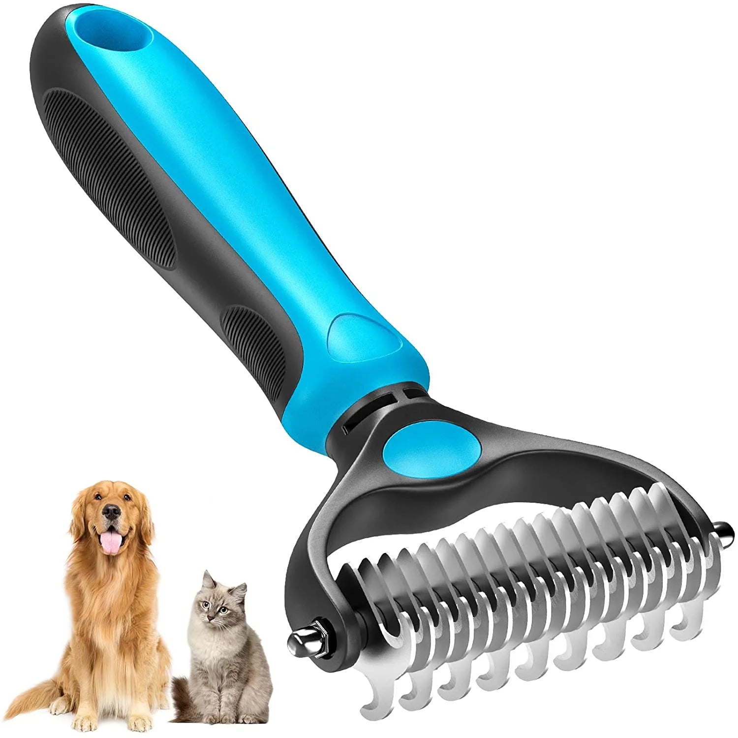 Pet Grooming Brush Dematting Comb Rake for Dogs Dematting Tool for Cats, Double Sided Undercoat Rake for Mats Tangles Removing