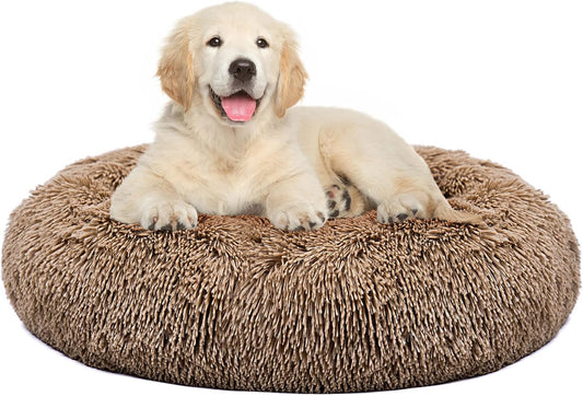 Dog Bed Donut Cuddler Pet Bed, Flurry Warming round Dog Bed Cat Cushion Bed Ultra Soft Mat for Dogs and Cats, Indoor Sleeping Bed (Khaki-31X31 Inch)