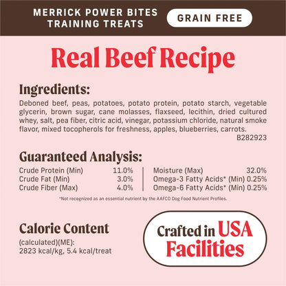 Power Bites Natural Soft and Chewy Real Meat Dog Treats, Grain Free Snack with Real Beef Recipe, 6 Oz. Bag