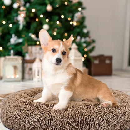 Dog Bed Donut Cuddler Pet Bed, Flurry Warming round Dog Bed Cat Cushion Bed Ultra Soft Mat for Dogs and Cats, Indoor Sleeping Bed (Khaki-31X31 Inch)